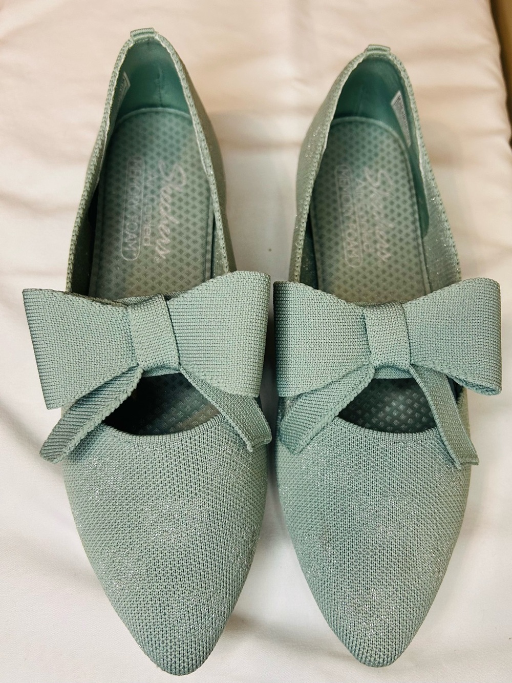 Skechers Mint Green Pointed Toe Bow Flats